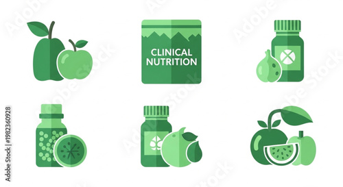 Set of flat green vector icons illustrating healthy nutrition, natural food supplements, and fresh fruits, representing essential dietary elements for wellness