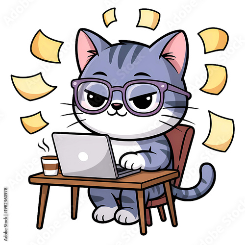 Cartoon gray cat wearing glasses typing on laptop with flying documents