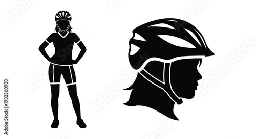 Female cyclist in sporty attire full body and head silhouette