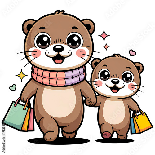 Two cheerful cartoon otters holding shopping bags, smiling