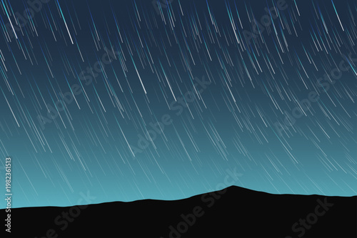 Blue aquamarine night sky, star trails. Landscape, mountains outline