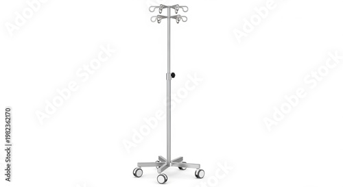 Adjustable intravenous drip stand with caster wheels and multiple hooks, an essential piece of medical equipment for hospitals and clinics, isolated on a clean white background