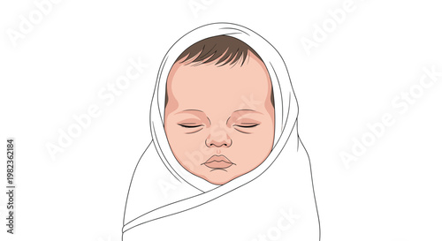 A newborn baby with closed eyes and visible dark hair is tightly swaddled in a plain white blanket, centered against a soft white background.