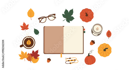 An open notebook lies surrounded by a collection of autumn items, including pumpkins, colorful leaves, eyeglasses, a candle, and a tea cup, on a white surface.