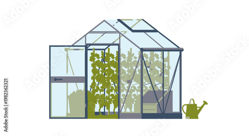 A greenhouse with plants and a watering can.
