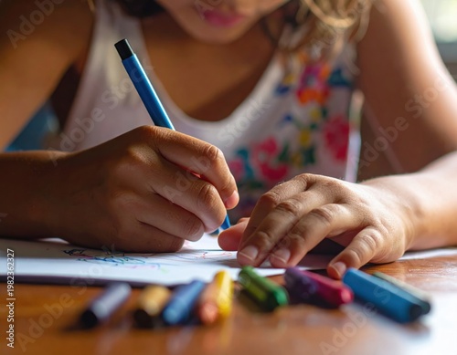 Close-up of child's hands drawing with crayons and colored pencils on paper