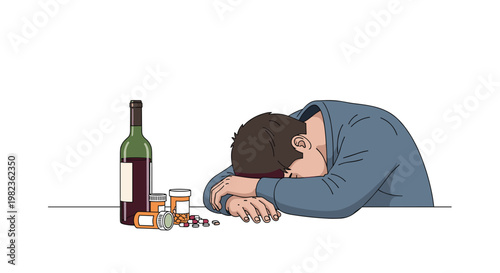 A man with dark hair is slumped over a white table, surrounded by a green wine bottle, multiple pill containers, and scattered pills.