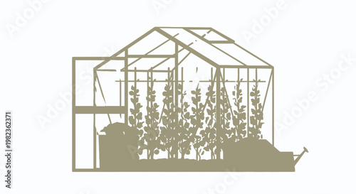 Greenhouse with plants and gardening tools.