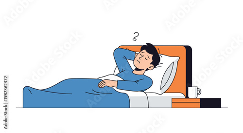 A distressed man lies awake in a blue-covered bed with an orange headboard, holding his head, next to a nightstand with a white mug.
