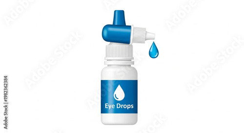Isolated eye drops bottle with liquid drip, a medical solution for vision care, offering relief for dry, irritated eyes. Essential pharmaceutical product for optical health and comfort