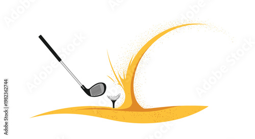 A golf club head is precisely striking a golf ball on a tee, creating a dramatic, swirling golden splash of sand against a clean white background.