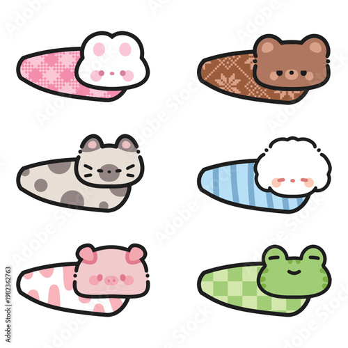 Cute Kawaii animal hairpin illustration set:rabbit,bear,Siamese cat,dog,pig,frog