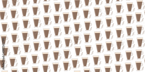 Coffee cup, pattern. Glass mug with coffee, cappuccino. Hand-drawn drinks, lettering. Color illustration, decor, wallpaper.