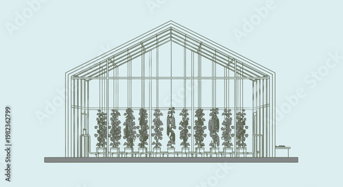 Detailed architectural drawing of a large greenhouse with plants inside.