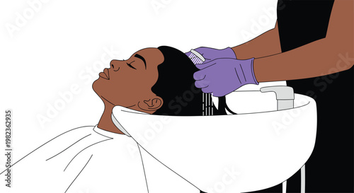 A close-up illustration depicts a person with dark skin getting their dark hair washed in a white basin by gloved hands wearing purple gloves.