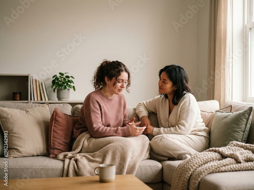 Two Women Having a Supportive Conversation on a Sofa