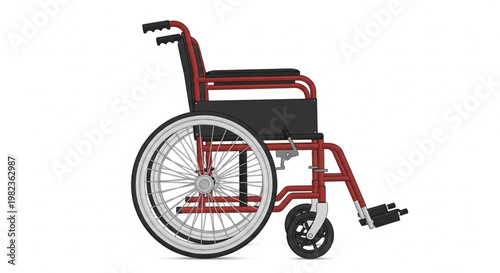 A vibrant red manual wheelchair with large spoked rear wheels and smaller front casters, designed for mobility assistance