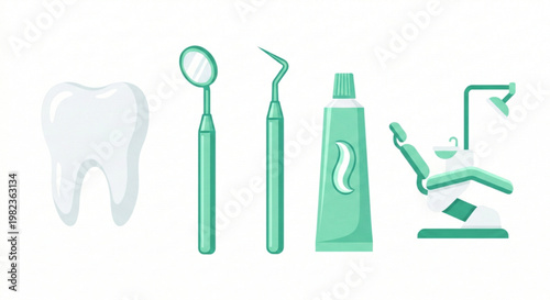 Dental care and hygiene illustration showcasing tools and equipment for oral health and teeth cleaning