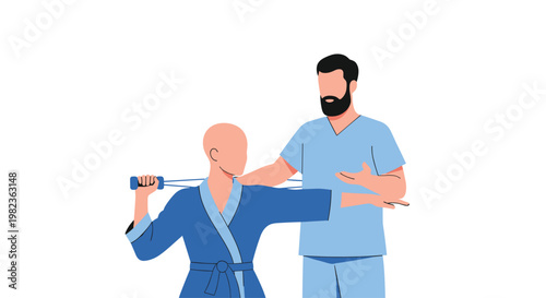 A bearded male physical therapist in blue scrubs assists a bald patient in a blue robe with a resistance band exercise.
