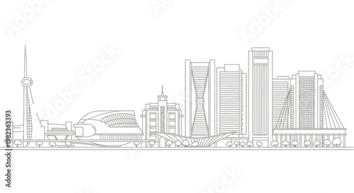 City skyline with modern buildings and tower.
