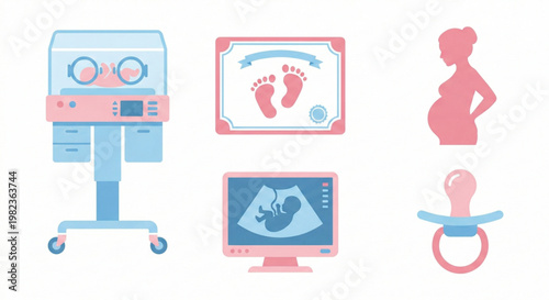 Medical Icons Related to Pregnancy, Birth, and Newborn Care Ultrasound, Incubator, Stork, and Baby Footprints