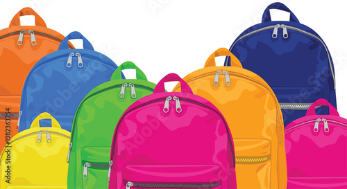 A crowded and vibrant collection of numerous colorful school backpacks, featuring prominent zippers and pockets, fills the frame against a white upper background.