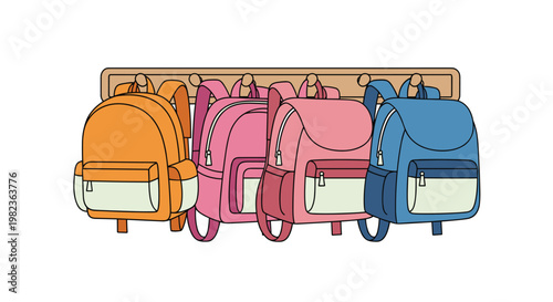 Four distinct school backpacks, colored orange, pink, light pink, and blue, hang neatly from a wooden coat rack against a clean white background.