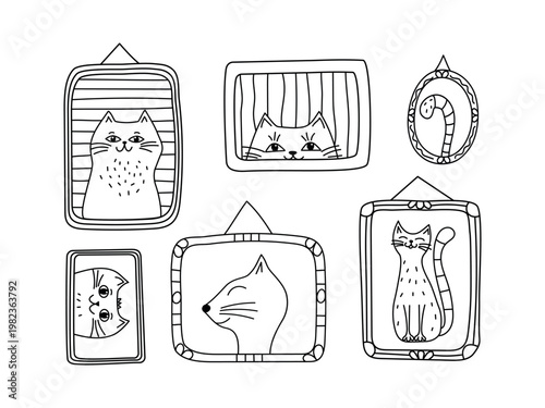 Hand-drawn Cats, animal photo frames. Simple frames and borders with cute pets. Drawings, doodle style. Gallery, nostalgic photo album. Kitten face stickers. Photo frame template.