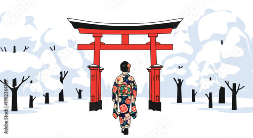 A woman in a colorful kimono walks away from the viewer towards a large red Torii gate in a snowy landscape with white trees.
