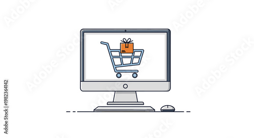 A desktop computer monitor, viewed from the front, displays a shopping cart with a gift box on its screen, accompanied by a mouse on a white background.