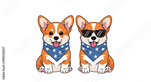 Two charming cartoon corgi dogs, one wearing sunglasses, are sitting side-by-side, both adorned with blue star-patterned bandanas on a white background.