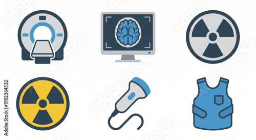 Medical Imaging and Radiation Protection Icons Healthcare Diagnostic Scanners, Ultrasound, and Safety Equipment Symbols for Modern Technology