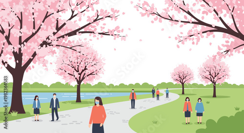 Several masked individuals are walking along a winding path beneath beautiful pink cherry blossom trees next to a tranquil blue river in a green park.