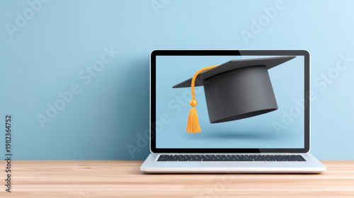 Online graduation concept with graduation cap on laptop screen