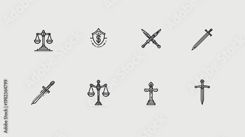 Justice scales, medieval swords and daggers, and financial shield icon set. Law, weapon, security, and protection symbols.