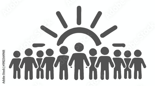 Group of people with sun icon representing team collaboration, innovation, bright ideas, leadership, community, and creative solutions