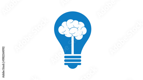 Bright idea concept: Brain inside blue light bulb icon representing intelligence, creativity, wisdom, and innovation.