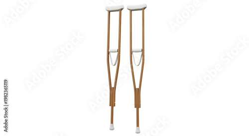 Pair of classic wooden crutches with white padding, designed for walking assistance and supporting recovery from leg or foot injuries, isolated on a clean white studio background