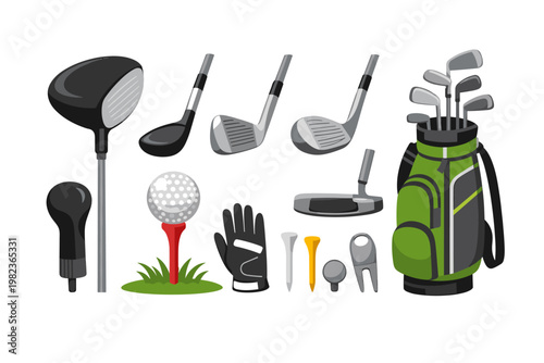 Comprehensive collection of professional golf equipment featuring various clubs, driver, irons, putter, green golf bag, white golf ball on a red tee, glove, and accessories in vector format.