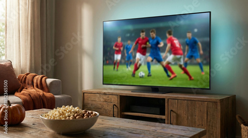 Football game displayed on television in cozy living room setting  