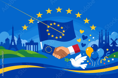 Europe Day Celebration Illustration with European Union Flag, Handshake for Unity, Peace Dove, and Famous Landmarks like Eiffel Tower and Brandenburg Gate, Symbolizing Solidarity and Cooperation.
