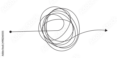 Messy tangle continuous one line drawing of chaos and confusion turning into a clear path and target. Problem solving, goal achievement, and brainstorming process concept in eps 10.