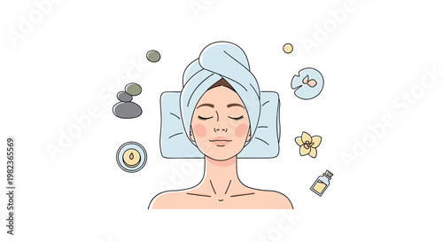 A woman with closed eyes and a blue towel on her head rests on a pillow, surrounded by spa stones, a candle, and a water lily, viewed from above.