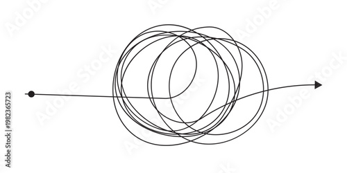 Messy tangle continuous one line drawing of chaos and confusion turning into a clear path and target. Problem solving, goal achievement, and brainstorming process concept in eps 10.