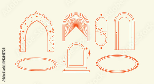 Minimalist Mystic Arch and Frame Set in Burnt Orange Line Art for Esoteric and Modern Designs