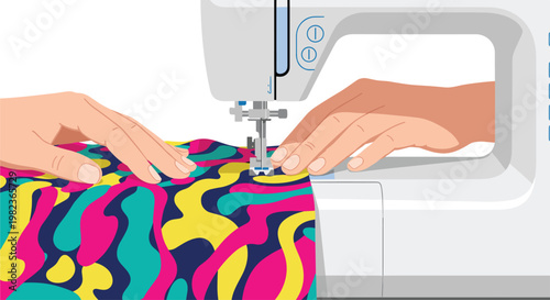 Two human hands guide a vibrant, multi-colored patterned fabric under the needle of a white sewing machine, actively stitching.