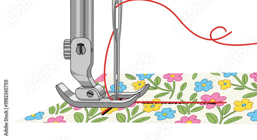 A metallic sewing machine needle with red thread pierces a light-colored fabric adorned with a repeating floral pattern of blue, yellow, and pink flowers.