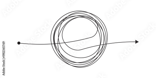 Tangled scribble lines transitioning from chaos to straight arrow. Concept of problem solving, simple solution, untangling process, and efficient business strategy development in eps 10.