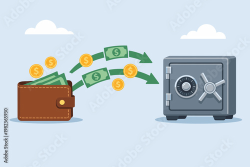 Vector illustration of money bills and gold coins moving from a brown leather wallet into a secure metal safe box, representing savings, bank deposits, financial security, and wealth management.