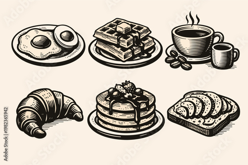 Vintage Woodcut Style Breakfast and Brunch Food Collection Featuring Hand-Drawn Engraving Illustrations of Fried Eggs, Waffles, Coffee, Croissant, Pancakes, and Avocado Toast Vector Elements